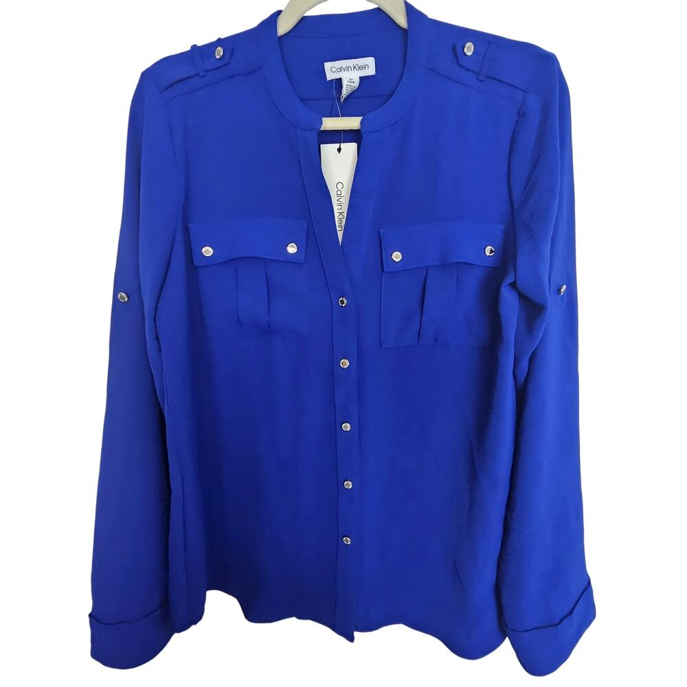 Calvin Klein Womens Button Blouse Sz S Career Classic Corp Office Cobalt Blue